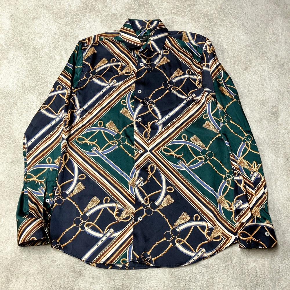 Zara Chain Scarf Print Satin Button Up Shirt Green Navy Gold Luxury Mens Small